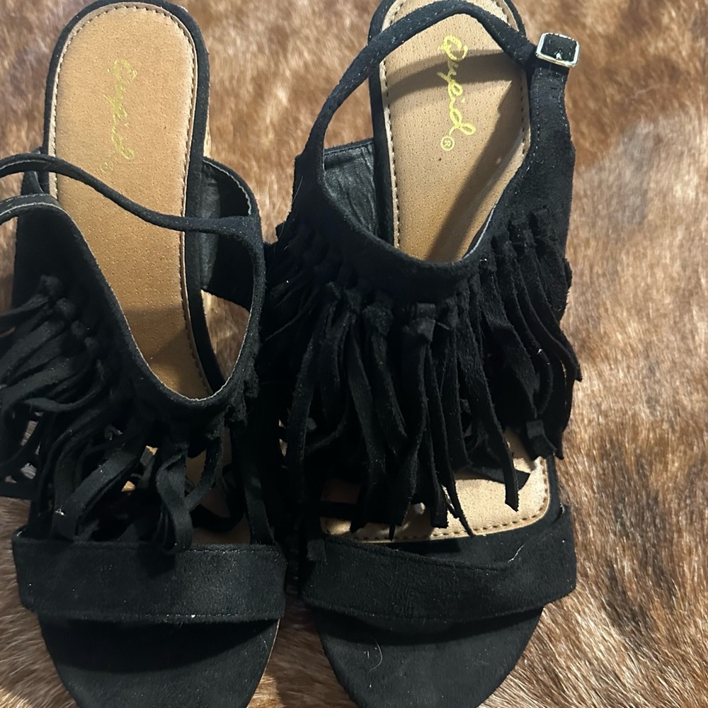 Black Fringe Cork Wedge Sandals - Picture 2 of 5